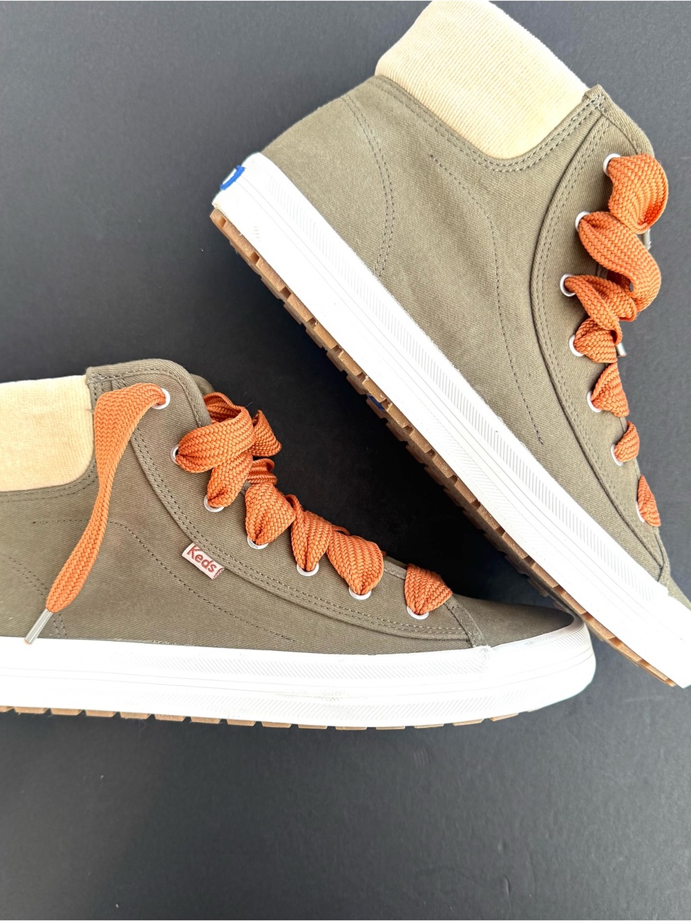 Keds Olive Green High-Top Sneakers with Orange Laces